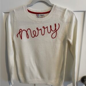 Copper Key White Sweater with Red 'Merry' Embroidery